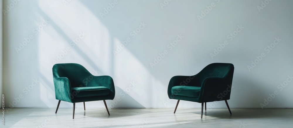 Poster modern interior scene featuring two green velvet chairs with minimalist design on a light background