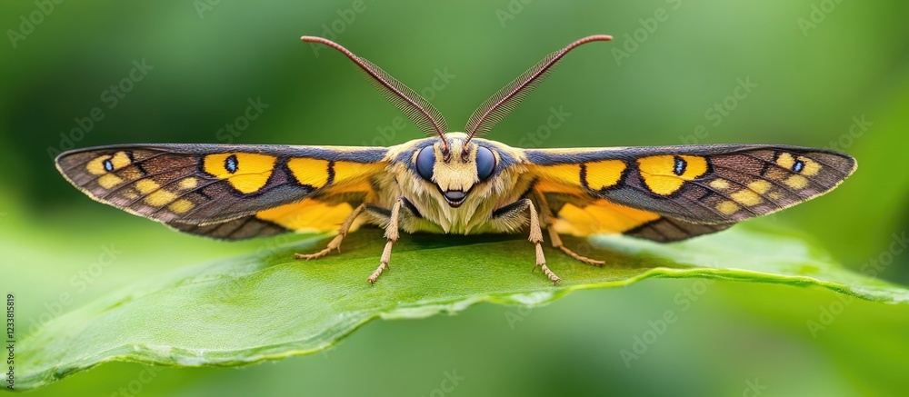 Poster colorful moth with intricate patterns perched on a green leaf against a blurred natural background c