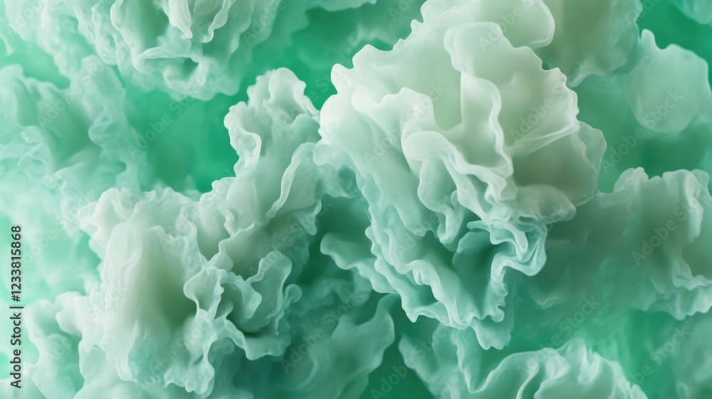 Poster Abstract close-up of green textured waves resembling flower petals with soft edges and a fluid appearance Copy Space