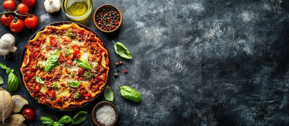 Poster Freshly baked pizza with vegetables and spices on a dark textured background with Copy Space for text placement