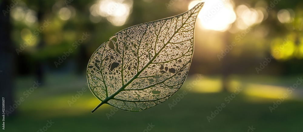 Aufkleber Detailed close-up of a delicate leaf with intricate transparency and sunlight background showcasing natural textures and copy space