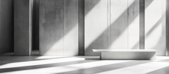 Obraz premium Minimalist interior with natural light casting shadows on concrete walls and a modern bathtub Copy Space