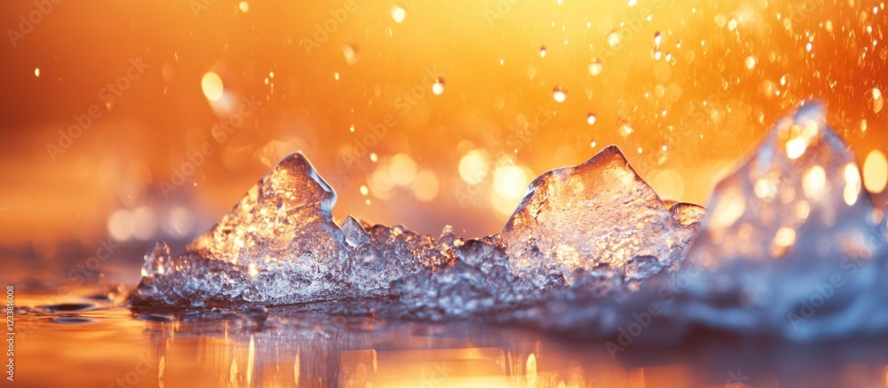 Poster Close-up of water splashes on a reflective surface with golden sunlight creating abstract bokeh effects Copy Space