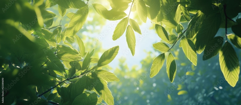 Poster green leaves in sunlight with lens flare and soft focus, nature background with bokeh and copy space
