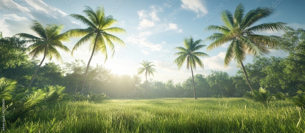 Poster tropical landscape with palm trees and lush green grass under a bright sky with copy space for text