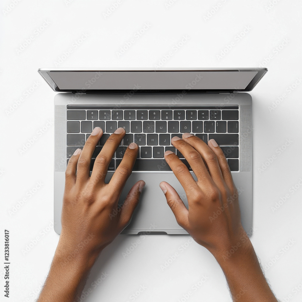 Poster hands typing on a laptop keyboard on a white surface in a bright workspace