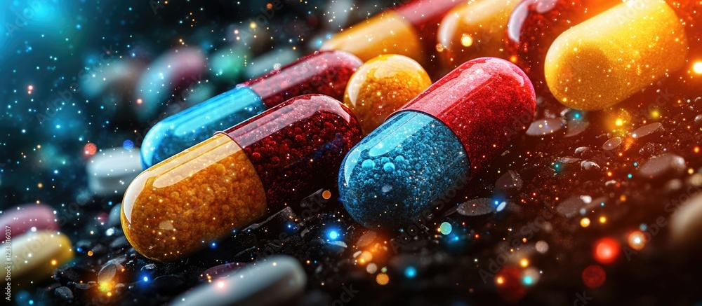 Aufkleber colorful glittering capsules on a dark background with sparkling light effects and copy space for te
