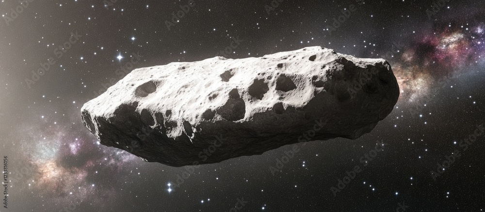 Poster Asteroid floating in space with detailed surface textures and starry background featuring Copy Space for text placement