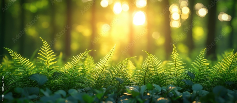 Aufkleber Lush green fern leaves in sunlit forest with soft bokeh background and copy space for text.