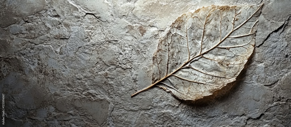 Poster Fossilized leaf imprint on textured stone surface with neutral colors and Copy Space for text placement