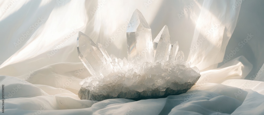 Poster Transparent crystal cluster on soft white fabric with ample copy space for text placement.