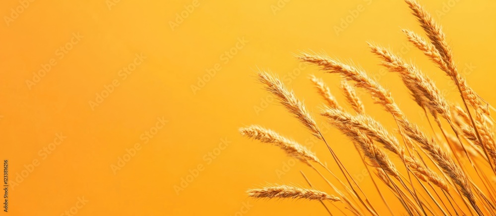 Poster Golden wheat ears against a vibrant yellow background with ample Copy Space for text placement