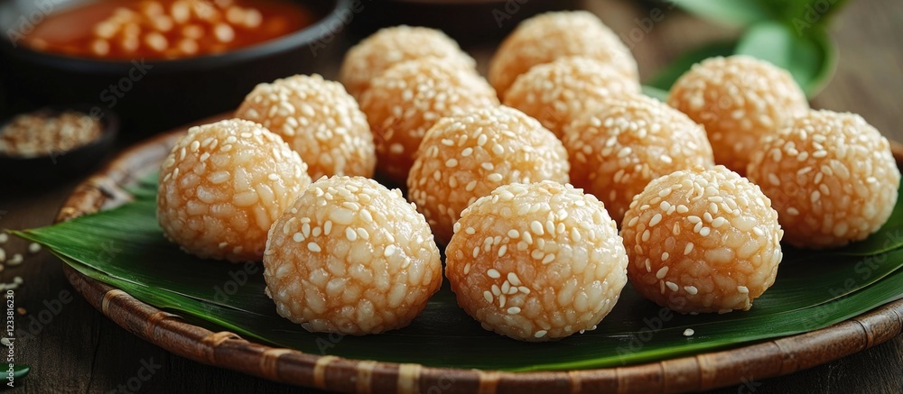 Poster sesame balls on a wooden platter with dipping sauce in the background garnished with green leaves an