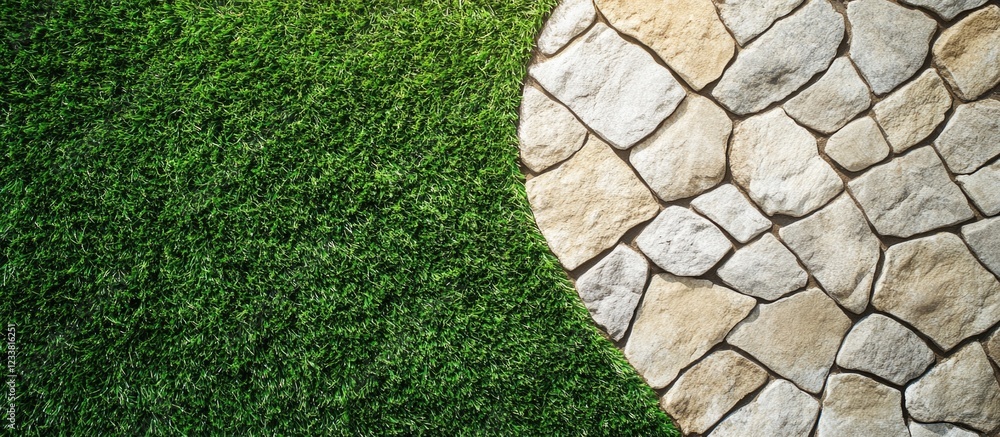 Aufkleber Artificial grass with natural stone pathway texture in top view composition Copy Space