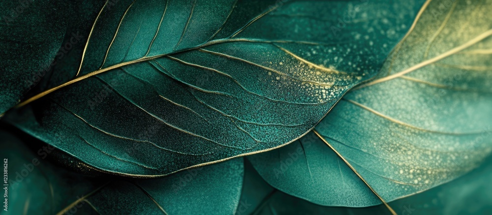 Poster close-up of green leaves with detailed textures and golden veins on a dark background features copy 