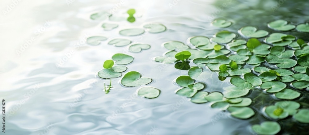 Poster Water surface with green lily pads and reflections in calm water with copy space for text