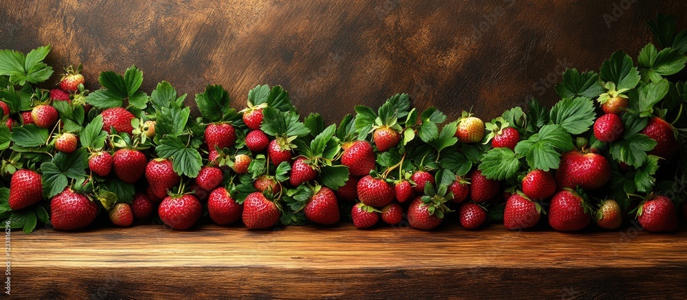 Poster Fresh strawberries on wooden table with rustic background Copy Space