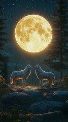 two white wolf standing in front of full moon