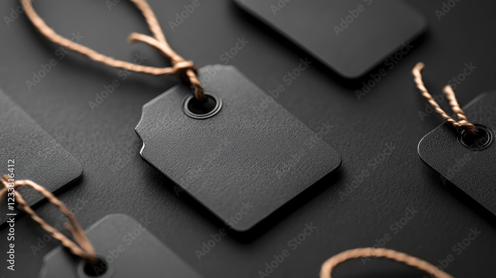Poster black blank price tags with brown twine on dark background with ample copy space for text or brandin