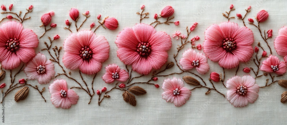 Poster detailed embroidered floral design featuring pink flowers and buds on a textured background with cop