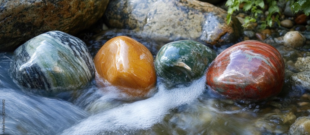 Poster colorful polished stones in a clear stream with smooth water flow and natural greenery in the backgr