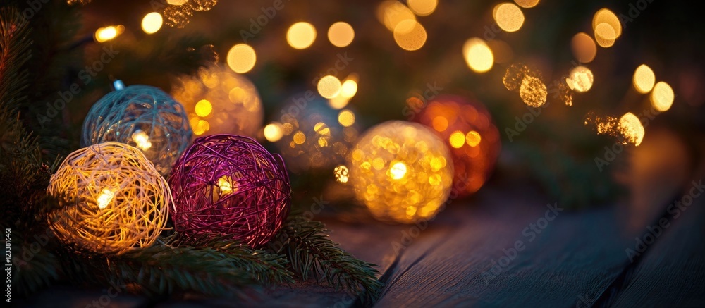 Poster Colorful decorative string lights with blurred bokeh effect on wooden surface Copy Space