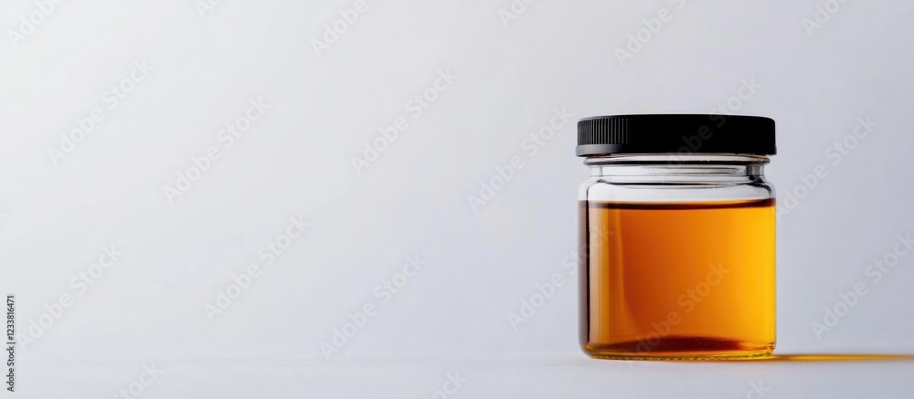 Poster glass jar containing amber liquid on a white background with copy space for product labeling or adve