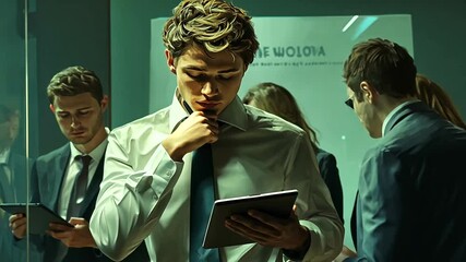 Businessman strategizing, office meeting, digital devices, thoughtful expression, corporate background