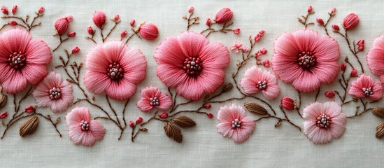 Detailed embroidered floral design featuring pink flowers and buds on a textured background with Copy Space for text placement.