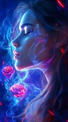 Surreal hyperrealistic 3D woman with long brown hair flowing like smoke half skeletal face eyes closed surrounded by blue purple and red neon flames Fractal rose cosmic void background