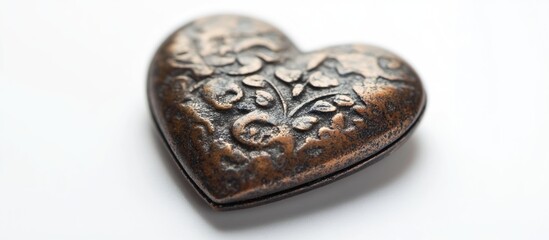 Vintage heart-shaped metal ornament with intricate floral engravings on a white background and copy spaceavailable
