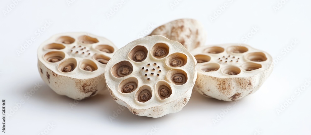 Poster sliced lotus root segments on white background with copy space for food or health related concepts