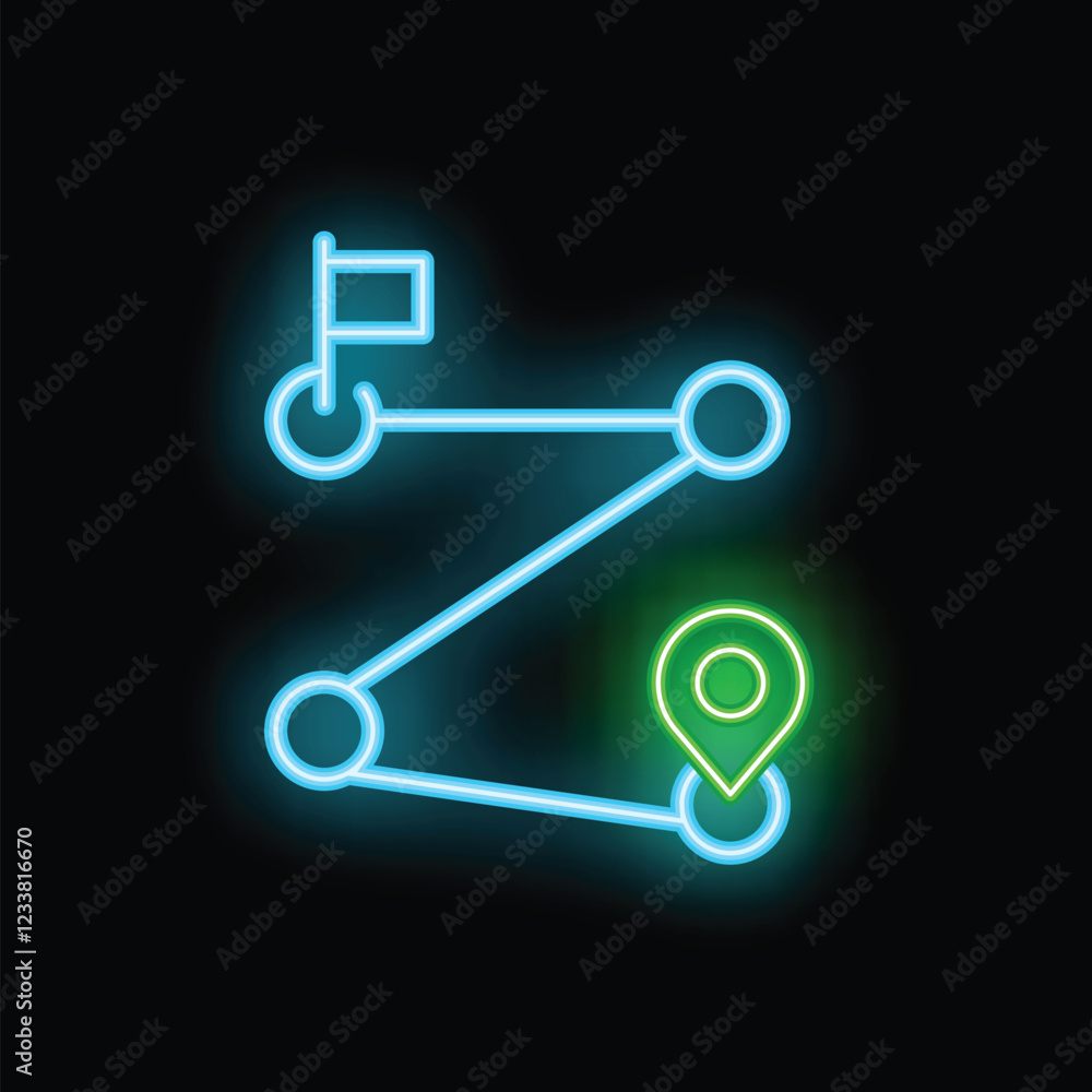 Poster neon route showing the way to success with flag and location pin