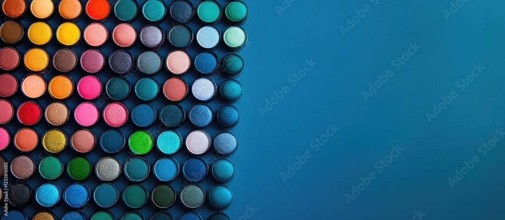Poster Colorful chalk pastels arranged in neat rows on a blue background with Copy Space for text placement.