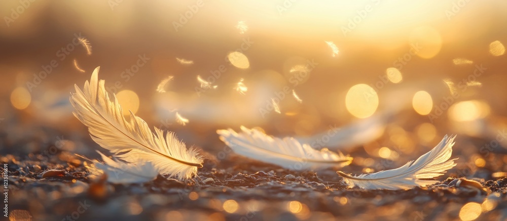 Poster soft white feathers resting on a sandy surface with warm bokeh background at sunset, natural outdoor