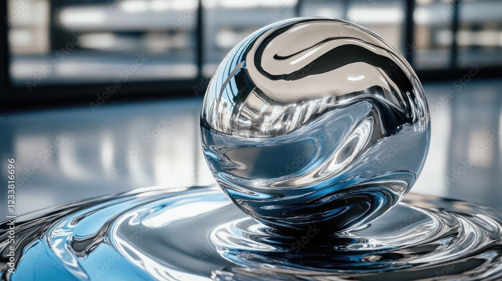 Fototapete High-resolution close-up of a reflective metallic sphere on a smooth surface with blurred urban background and ample Copy Space.