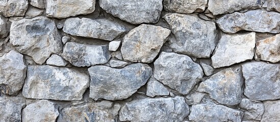 Obraz premium Gray stone wall texture with uneven natural stones in a dry stacked arrangement with Copy Space for text placement.