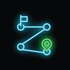 Neon route showing the way to success with flag and location pin