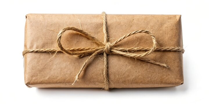 Brown paper package wrapped in twine with a rustic feel, tied string, natural fiber