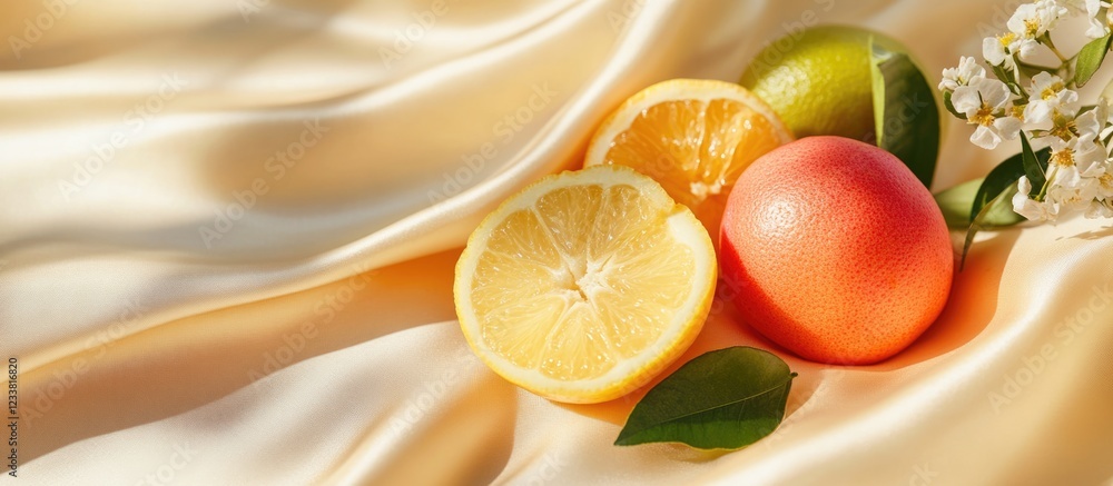 Poster fresh citrus fruits including orange, lemon, and lime on soft satin fabric with copy space for text 