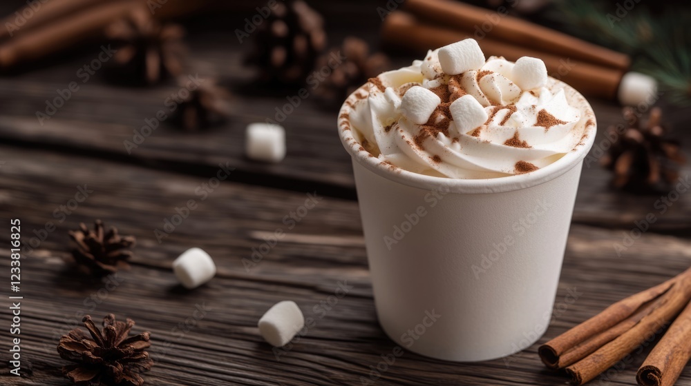 Poster hot chocolate with whipped cream and marshmallows in a white cup on a wooden table decorated with pi