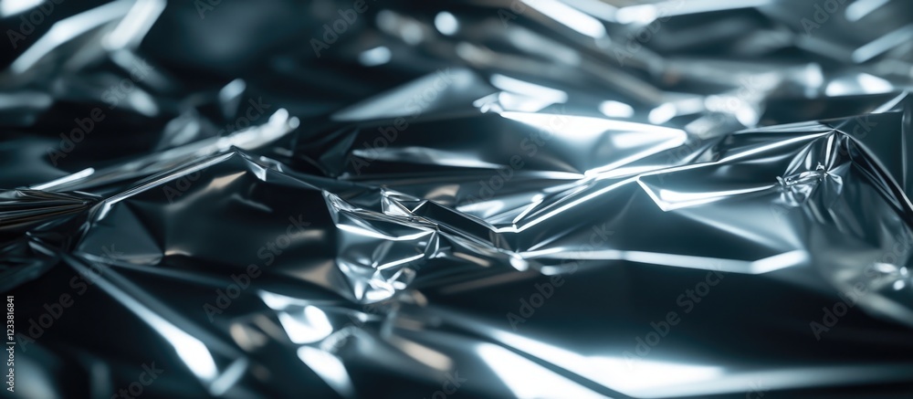 Poster shiny crumpled metallic foil texture background with reflective surfaces and folds copy space