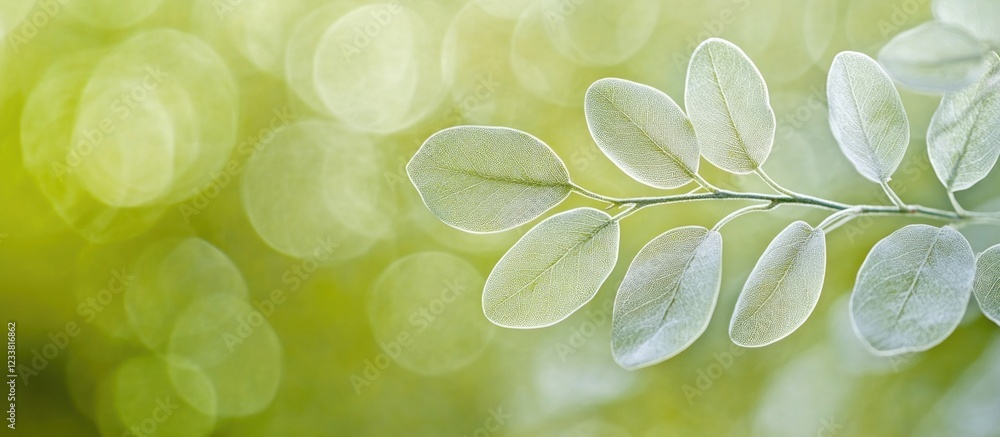 Poster Green botanical background with soft focus bokeh and delicate leaf branch featuring copy space for text insertion