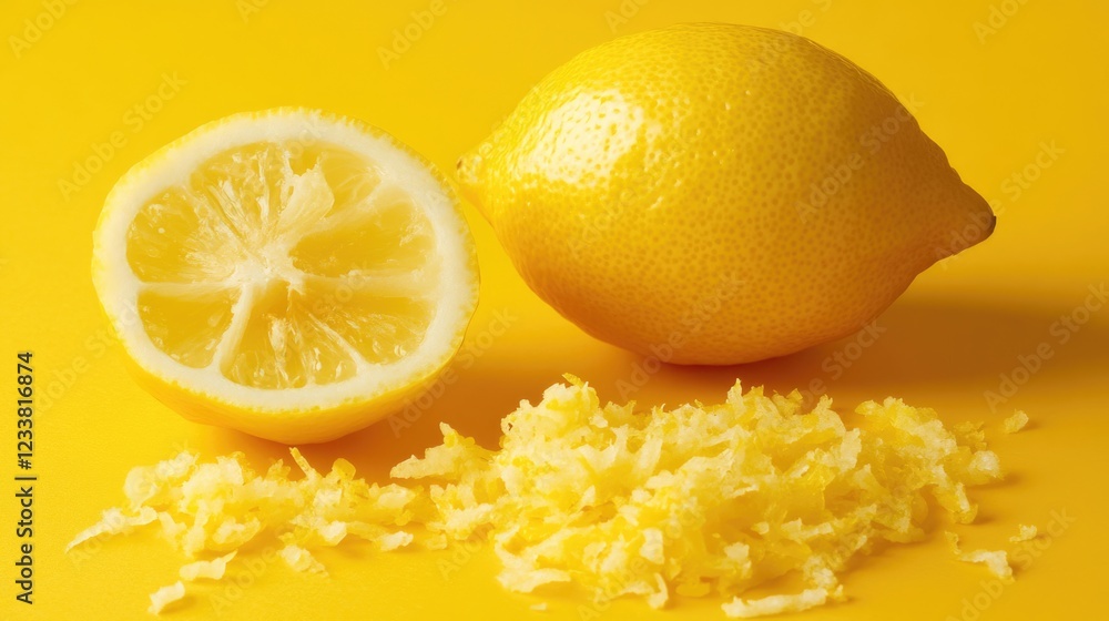 Poster fresh lemon with a half sliced open and grated lemon zest on a vibrant yellow background copy space