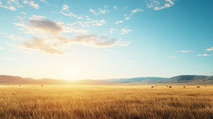 Obraz premium A serene landscape showcasing a golden field under a bright blue sky, illuminated by the warm glow of the setting sun.