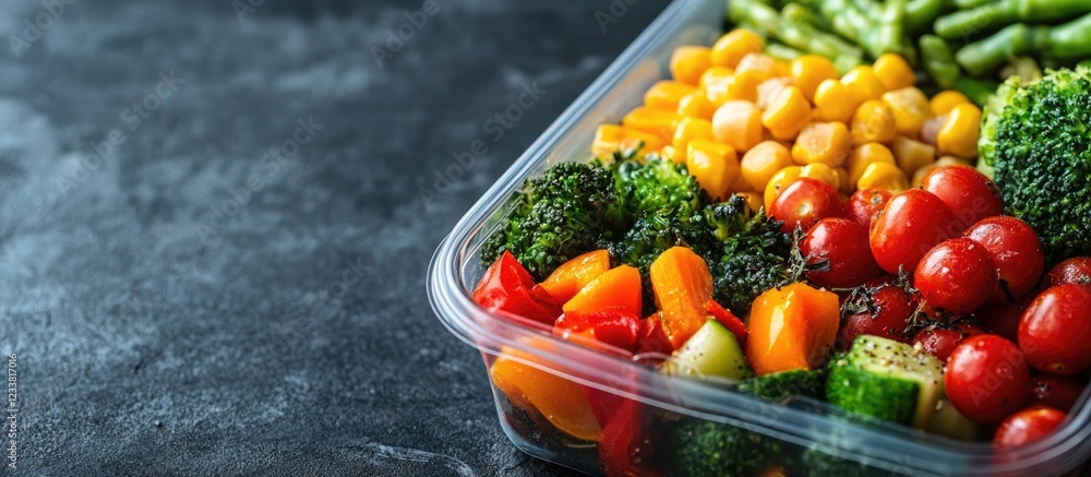 Poster colorful assortment of fresh vegetables in plastic container with copy space for text on dark backgr