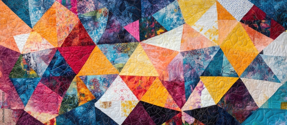 Poster colorful geometric patchwork quilt design with mixed textures and patterns copy space