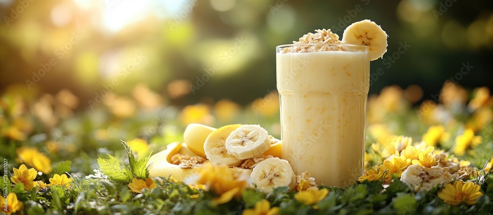 Poster banana smoothie in glass with sliced bananas and granola on grass with yellow flowers and soft sunli