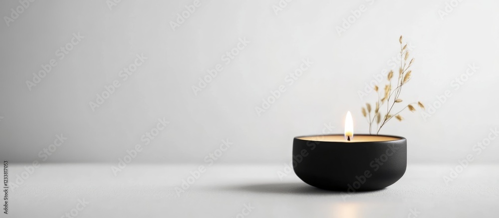 Poster minimalistic candle in a black bowl with plant decoration on a light background with copy space for 