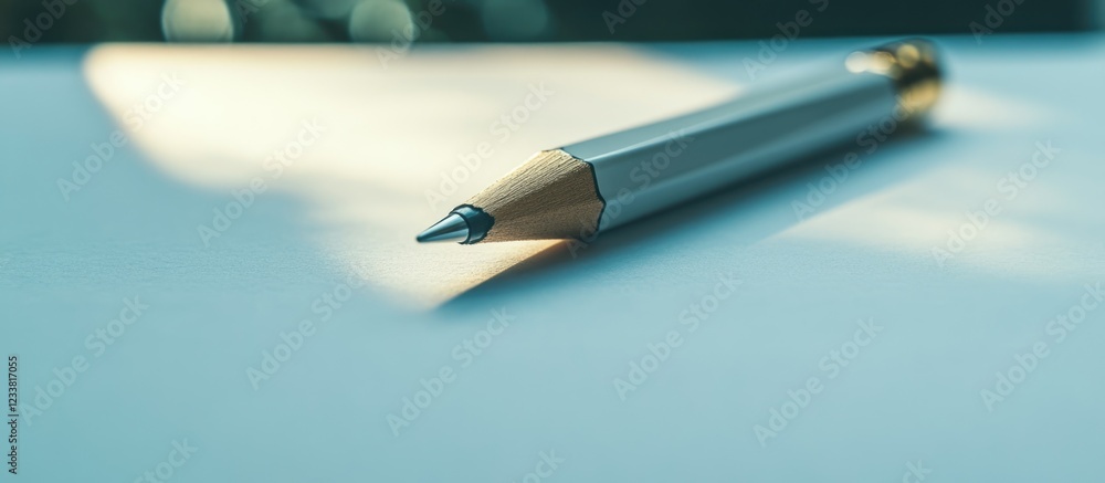 Poster close-up of a silver ballpoint pen resting on a blank sheet of paper with soft natural light copy sp